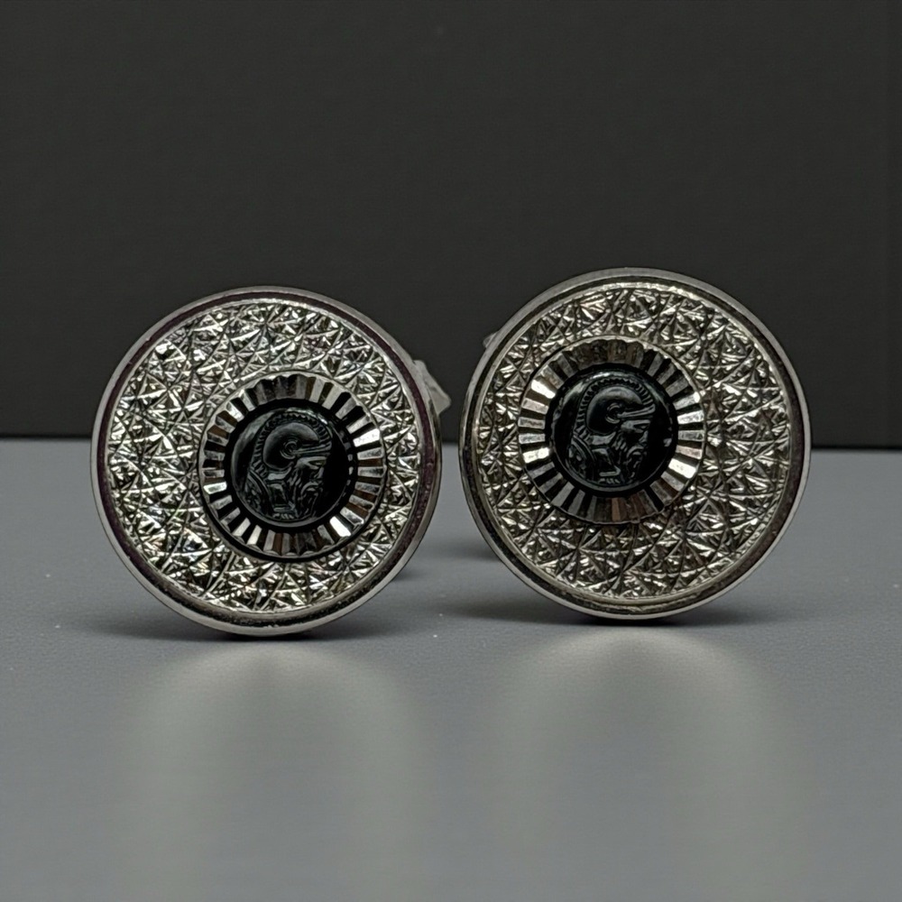 Roman Soldier Cufflinks Textured Round Silver Tone Vintage Metal Bullet Back